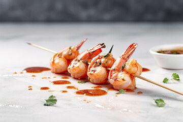 Grilled shrimp skewers. Seafood, shelfish. Shrimps Prawns skewers with herbs, garlic and lemon on...