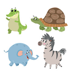 Cartoon set of African wild animals. Crocodile, turtle, elephant and zebra characters. Cute zoo or safari park inhabitants. Vector illustrations.