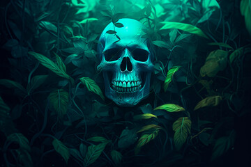 Skull surrounded by branches and leaves. Generative AI 