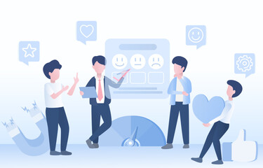 Customer satisfaction review data, voting, comment improving and increasing customer loyalty. Customer review program on product or service. Flat vector design illustration.