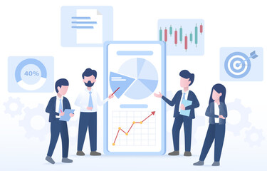 Business ideas. Business people work together with teamwork and strategy. Business people discuss ideas, and share to analyze data and view charts or graphs on smartphone. Vector design illustration.
