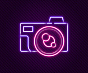 Glowing neon line Photo camera icon isolated on black background. Foto camera icon. Colorful outline concept. Vector