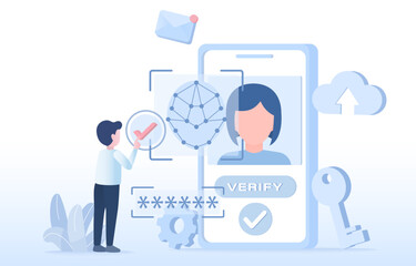 Safety and security technology concept. Protect personal detail, face scan, password protection, sensitive data from cyber attack and other online threats. Flat vector design illustration.