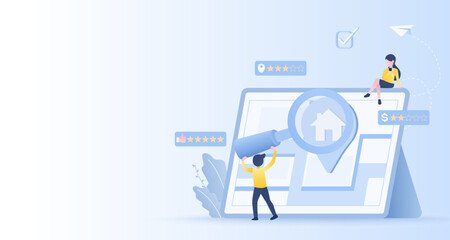 Business people searching for asset property map on online platform. Customer satisfaction survey location, price rating star. Flat vector design illustration with copy space.