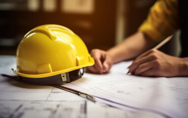 Hand over construction plans with yellow helmet and drawing tool