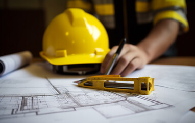 Hand over construction plans with yellow helmet and drawing tool