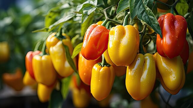 close up of growing red and yellow peppers, organic agriculture