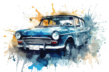 Car Drive watercolor Vintage. Funny cartoon watercolor sketch of old red retro car