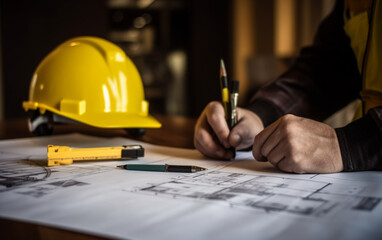 Hand over construction plans with yellow helmet and drawing tool