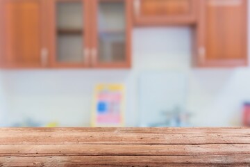 Kitchen empty table top with blurred interior