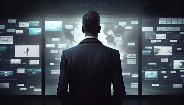 Adult Business Man In A Dark Jacket In An Empty Room In Front Of A Wall With Many News Screens Created Using Artificial Intelligence; Person Watching Tv Ai Generated Image 