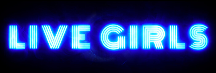 Adult glowing neon live girls text banner blue