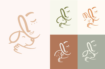 Man lovingly clings to an animal cat, dog, rabbit, parrot compositions drawing on powder color background