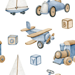 Transport seamless pattern.Watercolor kids toys.Baby pattern.Print for little boy.Childhood.Baby shower.Car,airplane,boat,train,cubes.Childish endless background © Victoria