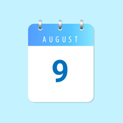 Daily calendar 9th of August month on white paper note.