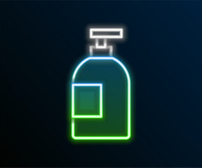 Glowing neon line Dishwashing liquid bottle icon isolated on black background. Liquid detergent for washing dishes. Colorful outline concept. Vector