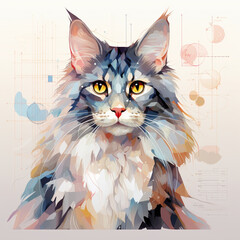 beautiful cat, maine coon, portrait design, photo realistic, painted with watercolor style, AI Generated