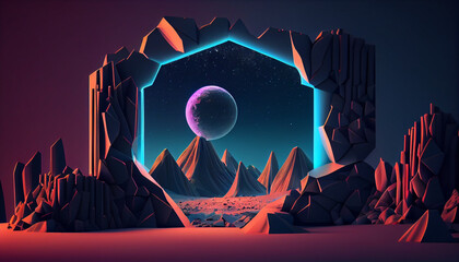 Abstract neon background with geometric shape, Beautiful frame and extraterrestrial landscape under the night sky and Rocks. Futuristic minimalist wallpaper, Ai generated image