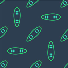 Line Longboard or skateboard cruiser icon isolated seamless pattern on blue background. Extreme sport. Sport equipment. Vector