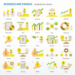 Business and finance icon set - Color or Flat Icons. Same as Invest, Insurance, Economic, Protect, Develop, Performance, Time, Statistic, Data, Statement, Income, Assessment, Profit etc.