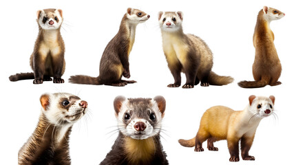 Ferret, many angles and view portrait side back head shot isolated on transparent background cutout, PNG file