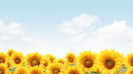 Field of blooming sunflowers in sunshine isolated on