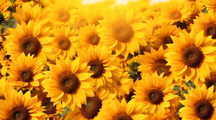 Field of blooming sunflowers in sunshine isolated on
