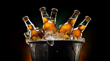 Three beer bottles in a bucket filled with ice cold