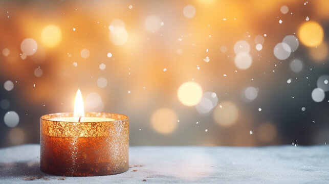 Burning chrismas candle im schnee christmas backgroun
