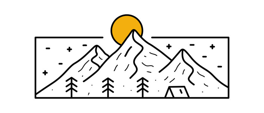 mountains with sun and tent, black and white clip art preview