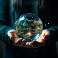 Hand holding crystal globe with greenery inside, Global worming, care for the world, environmental protection, AI Generated