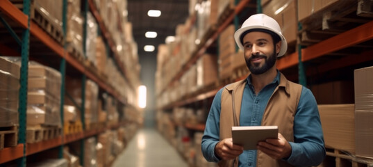Fototapeta na wymiar Handsome Male Worker Wearing Hard Hat Holding Digital Tablet Computer