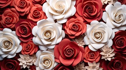 3D red and white colorful roses flowers stack top view background