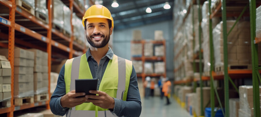 Fototapeta premium Handsome Male Worker Wearing Hard Hat Holding Digital Tablet Computer