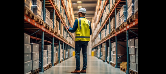Handsome Male Worker Wearing Hard Hat Holding Digital Tablet Computer