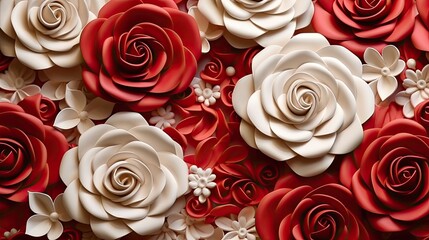 3D red and white colorful roses flowers stack top view background