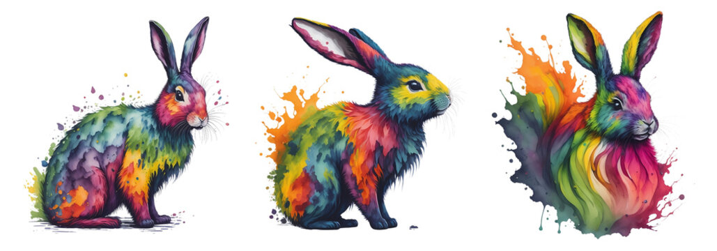 Watercolor Colorful Rabbit Collection On A Transparent Or White Background. Abstract Portrait Colorful Bunny