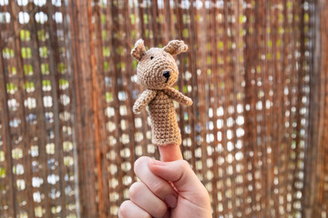 girl playing finger puppets, a toy knitted from threads. child development, Playing with...