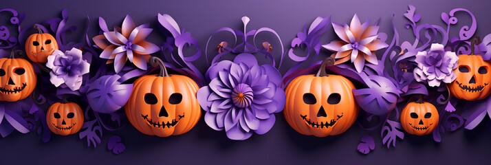 Obraz premium paper cut style Halloween banner with pumpkin jack o lantern and flowers in orange and purple color, AI generated
