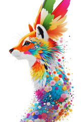 Discover the whimsical charm of a fox-like creature adorned with vibrant flowers, intricate mail, and a crown of parrot feathers. This enchanting image captures nature's beauty and creativity in a cap