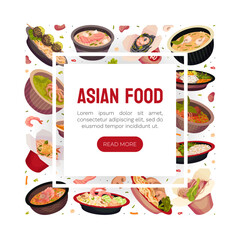 Asian Food and Cuisine Banner Design with Served Dish Vector Template