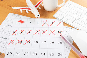 Planner Calendar and agenda reminders, work from home.  for plan daily meeting and note holiday trip in diary at office desk. 2023 calendar reminder concept.