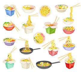 Asian Noodles in Box, Frying Pan and Bowl with Chopsticks Big Vector Set