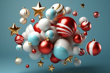 3d rendering of christmas baubles and stars in blue background