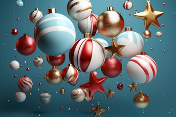 3d render of christmas baubles on blue background.