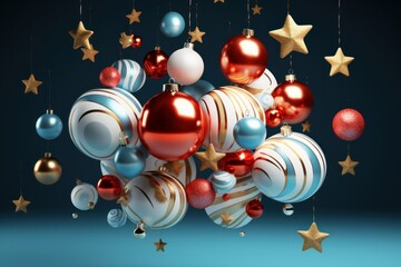 Christmas baubles and stars on blue background. 3D rendering