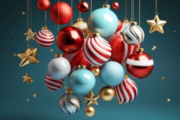 3D rendering of Christmas background with red and blue baubles