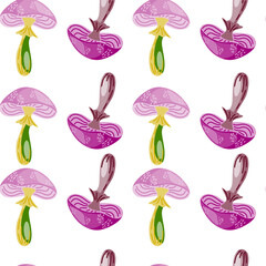 Seamless pattern with psychedelic mushrooms. Magical fly agaric wallpaper.