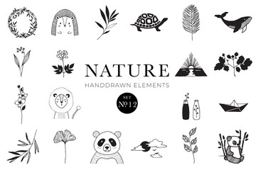 Handdrawn nature elements, Doodle illustrations, Natural drawings