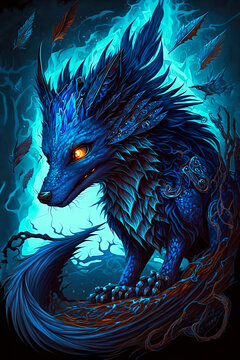 A blue fox dragon mix, cartoon, cute, dark fantasy. Generative AI